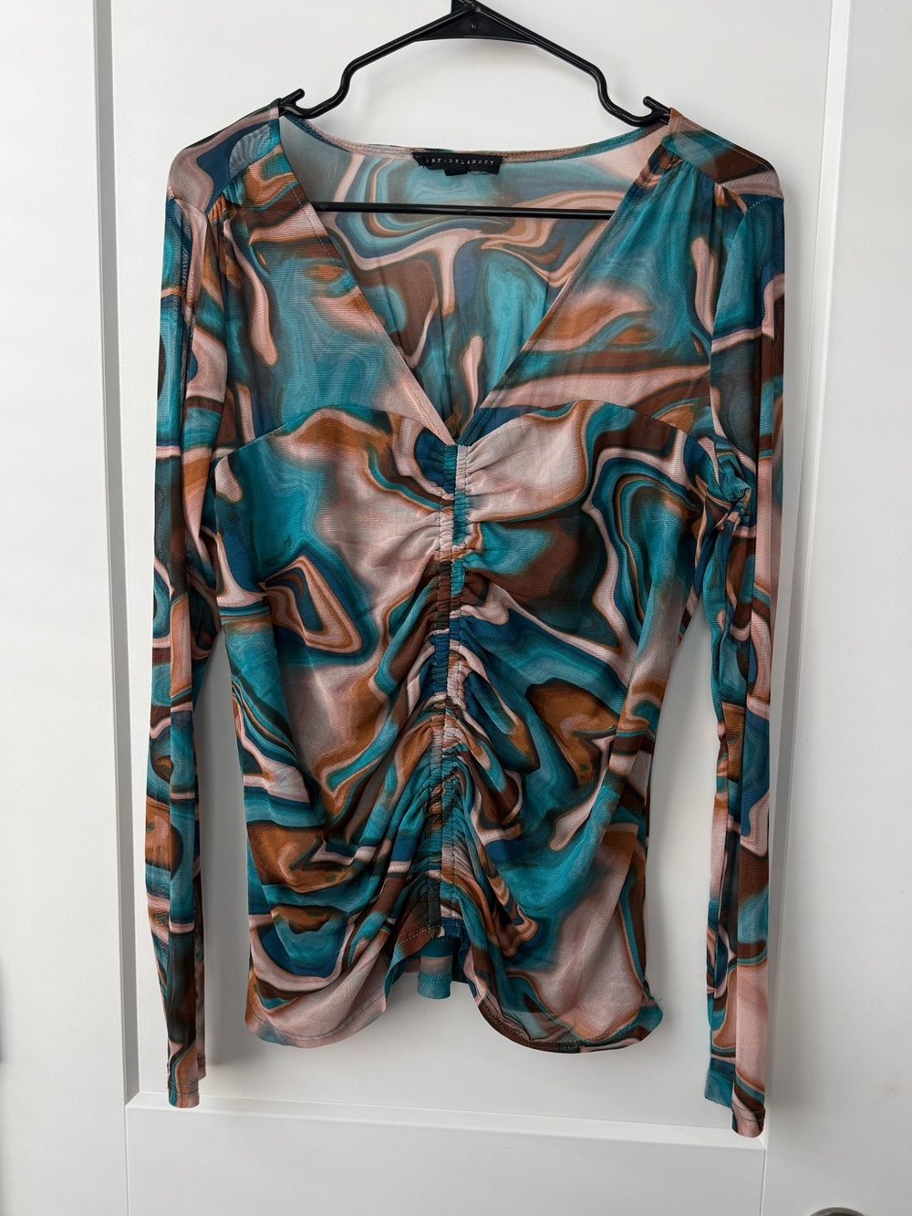 Abstract Swirl Mesh Ruched V-Neck Long Sleeve Top Teal Brown